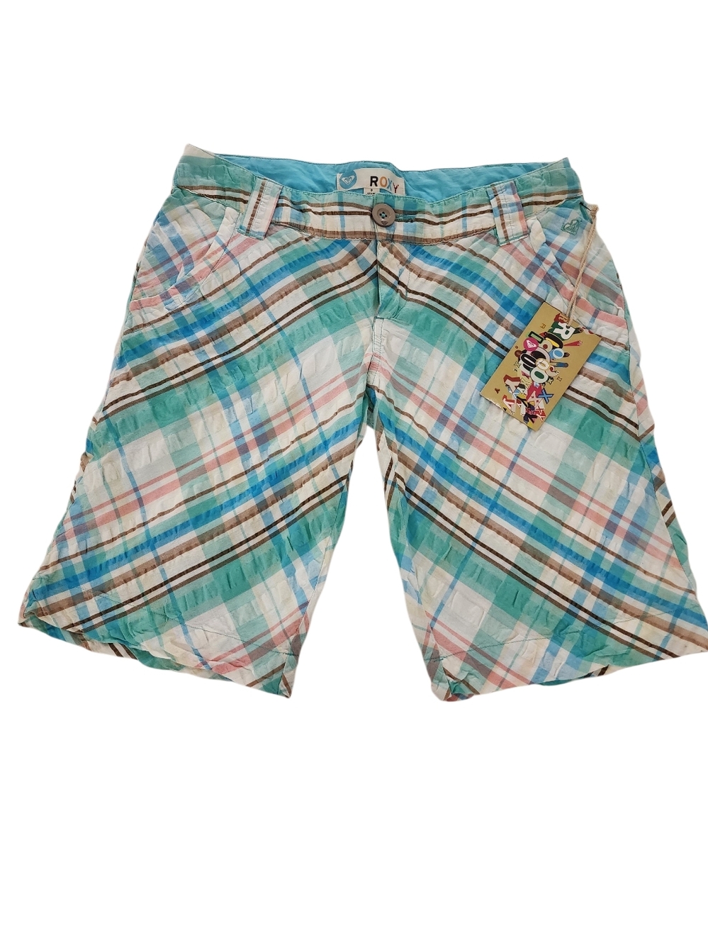 Roxy Plaid Bermuda Shorts in Teal, Blue, White, Brown